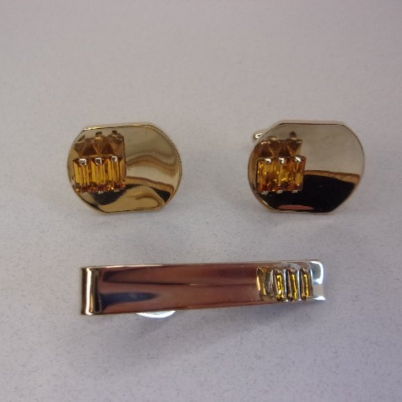 Vintage Boxed Cuff Links Tie Clasp Set Yellow Stones - Picture 3 of 9